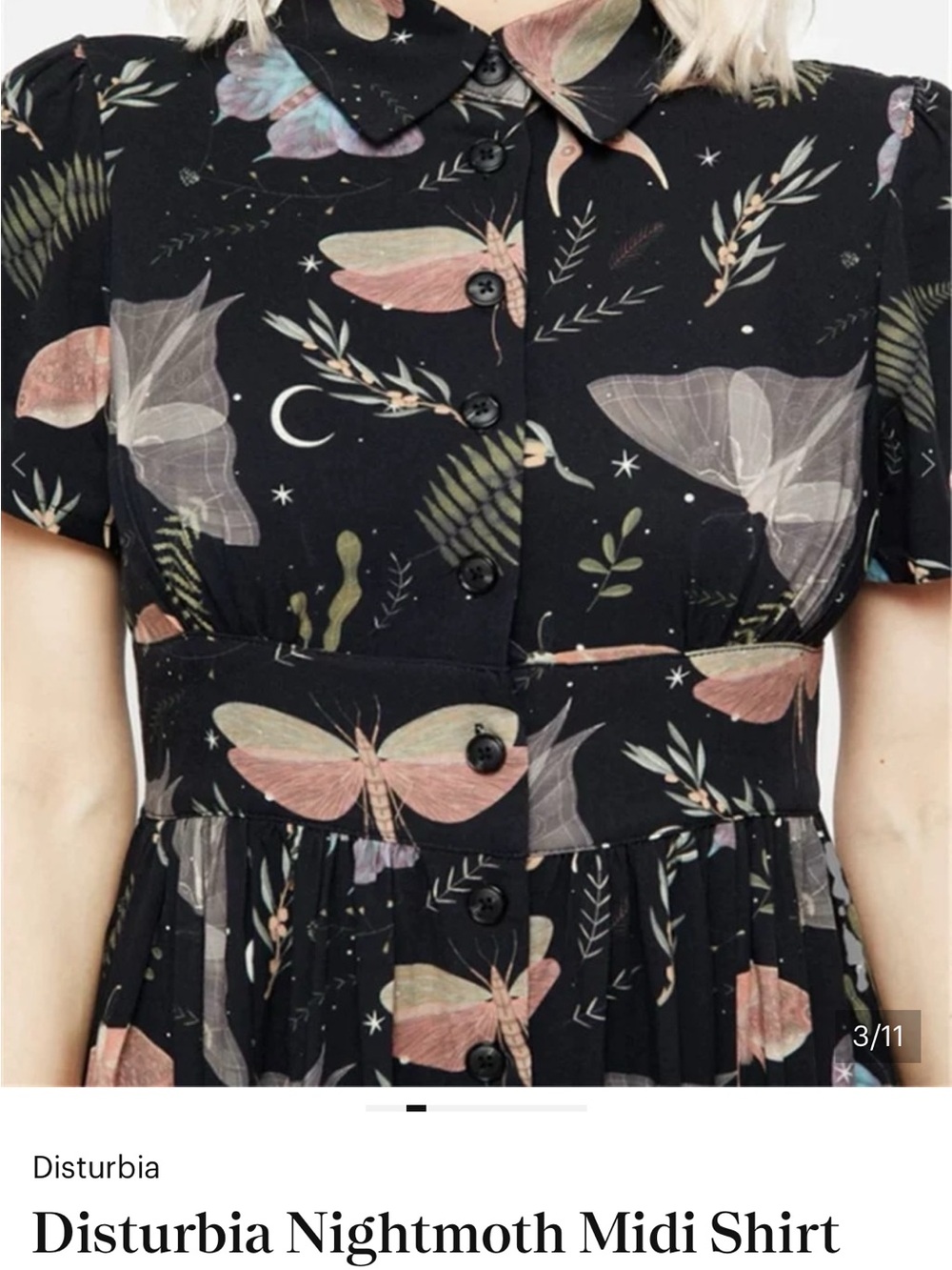 Disturbia Black Midi Shirt Dress with Pink & Sage Nightmoth Print